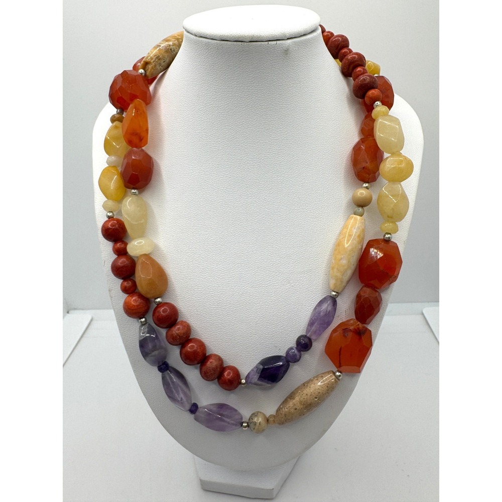 Barse 925 Sterling Silver Multi Strand Carnelian Amethyst Jasper Stone Necklace